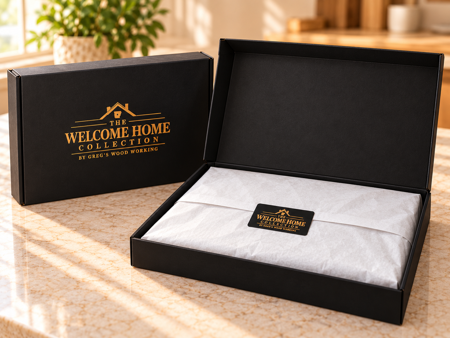 Closed black branded gift box beside an open black box with white tissue and a collection logo sealing sticker