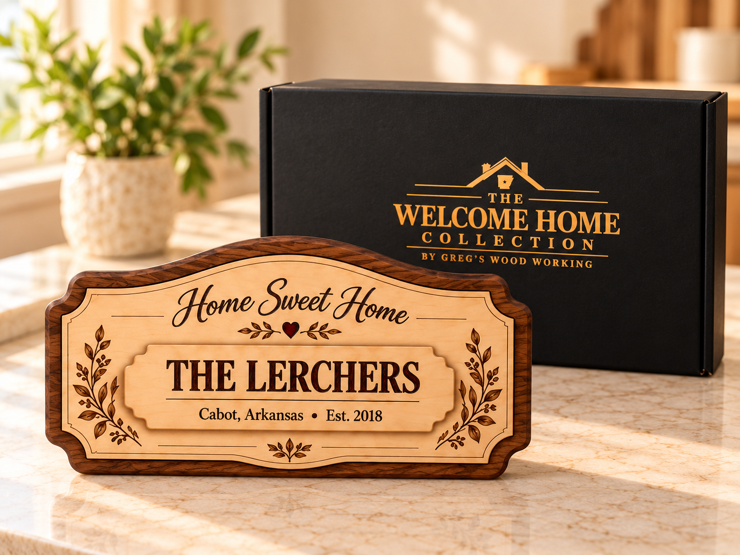 The Heritage personalized wooden sign beside a black Welcome Home Collection gift box
